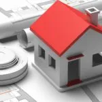 Smoke detector and small house on blueprint drawing background. Fire safety system. 3d illustration